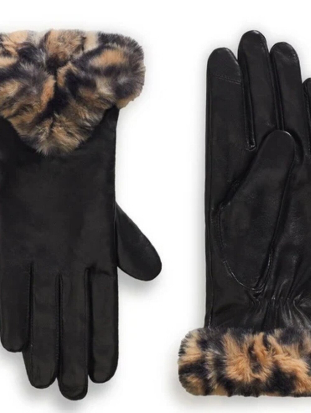 Black Leather Gloves with Faux Fur Trim -Like New